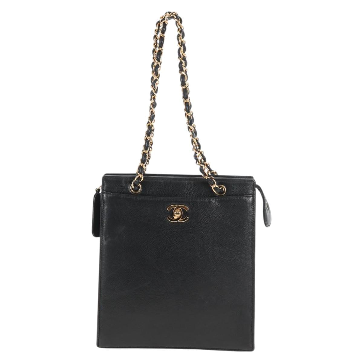 CHANEL Chain Hand Bag Caviar Skin Black Gold CC Auth 143812V