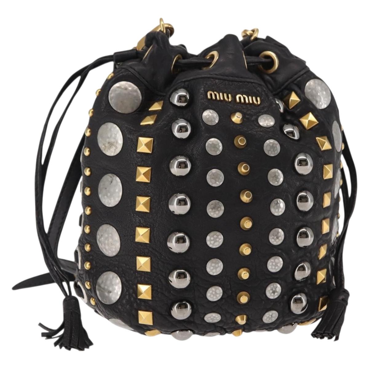 Miu Miu Studs Shoulder Bag Leather Black Gold Silver Auth 143830