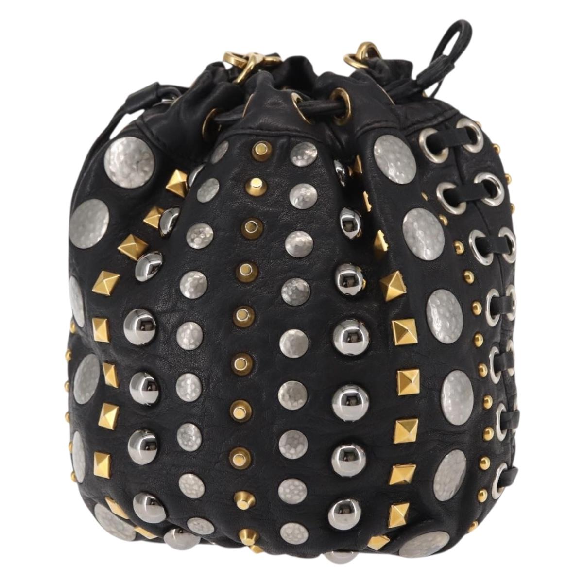 Miu Miu Studs Shoulder Bag Leather Black Gold Silver Auth 143830