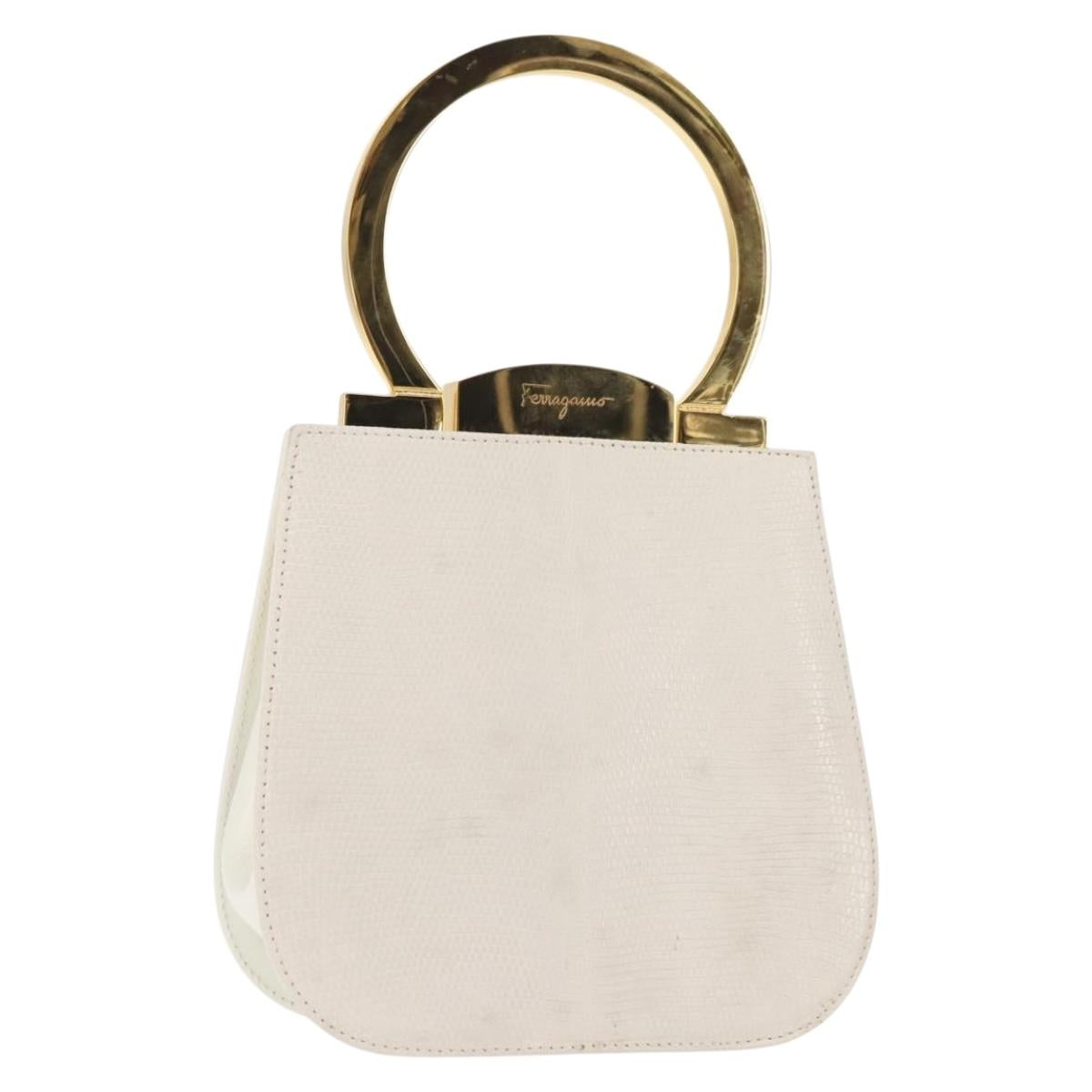 Salvatore Ferragamo Gancini Hand Bag Leather White Gold Auth 143966