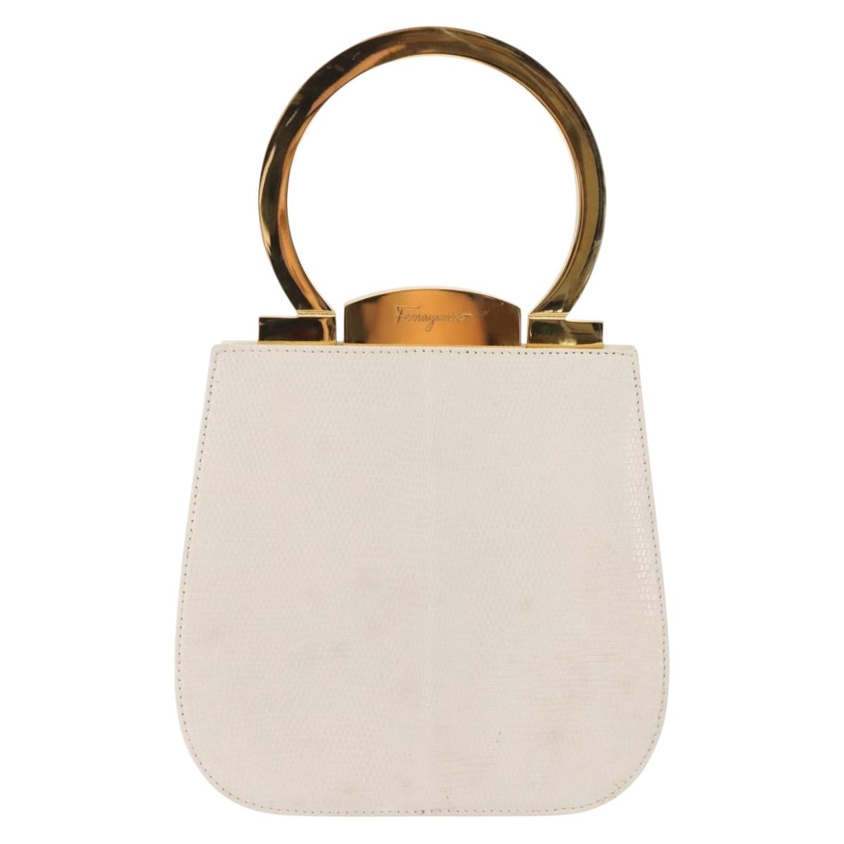 Salvatore Ferragamo Gancini Hand Bag Leather White Gold Auth 143966