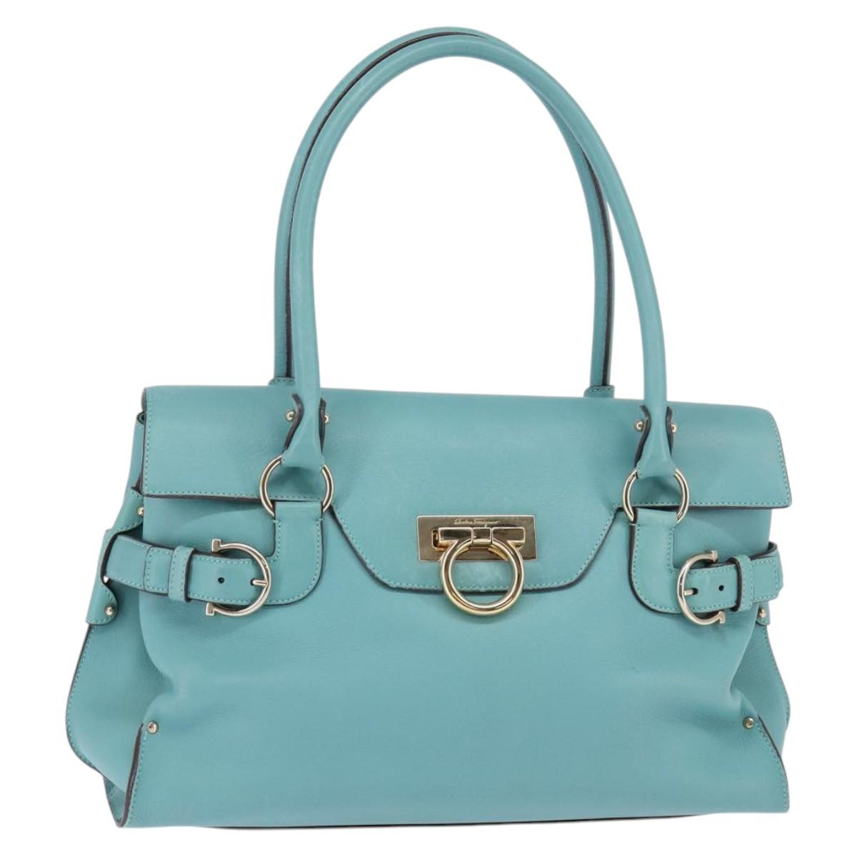Salvatore Ferragamo Gancini Hand Bag Leather Gold Emerald Green Auth 143968