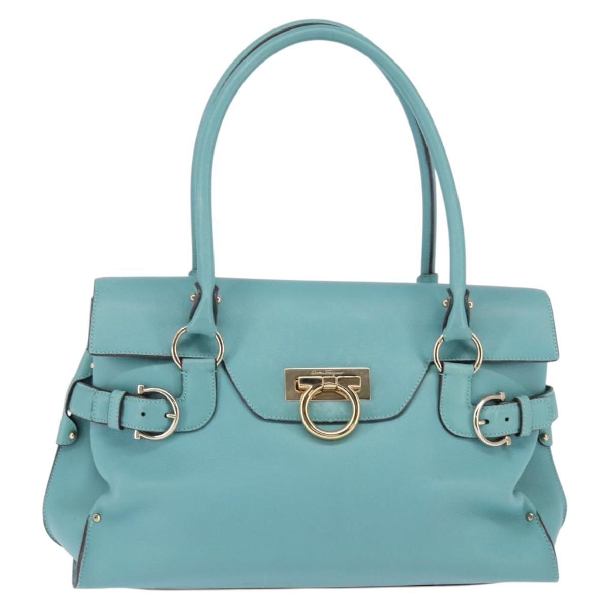 Salvatore Ferragamo Gancini Hand Bag Leather Gold Emerald Green Auth 143968