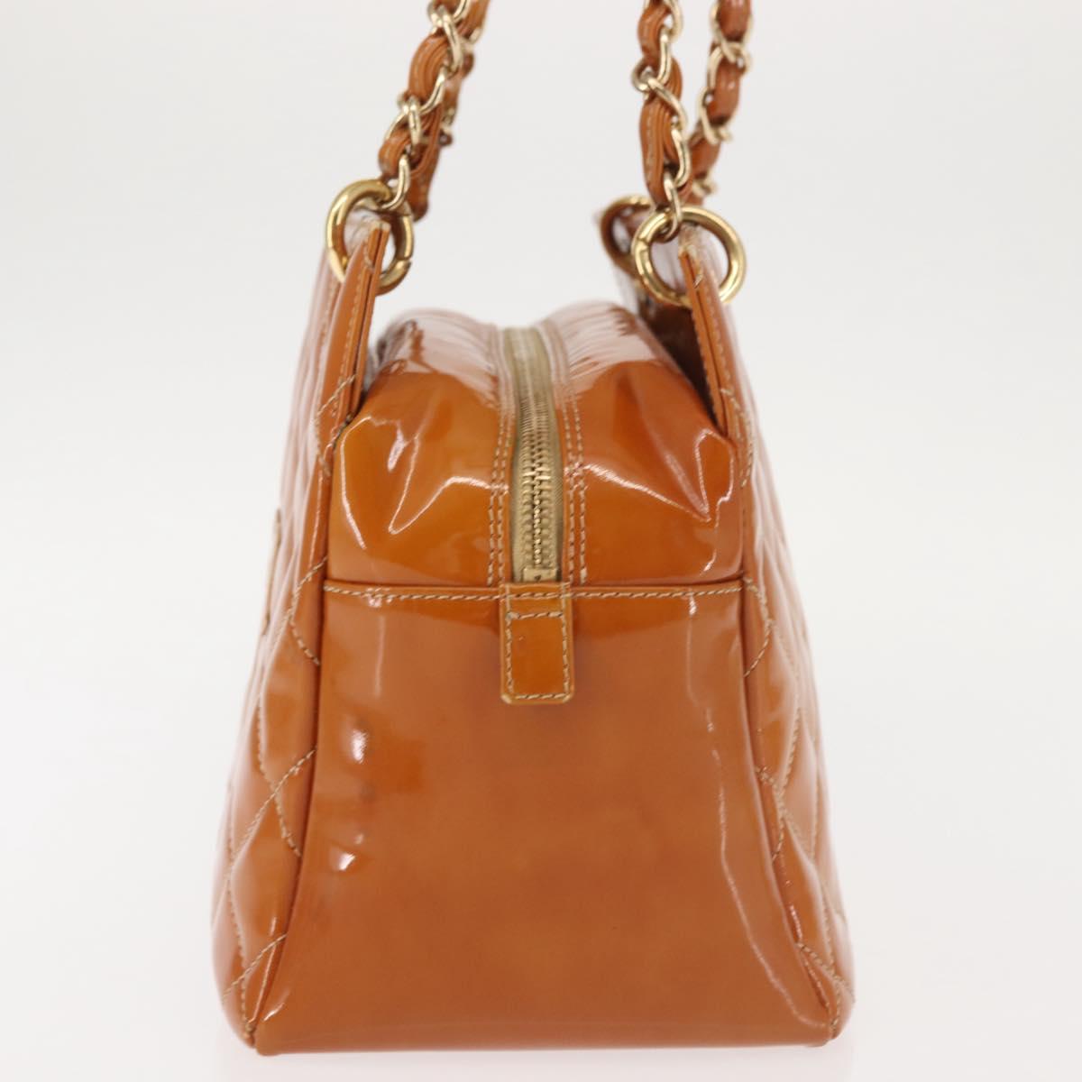 CHANEL Matelasse Chain Shoulder Bag Patent leather Beige Gold CC Auth 143975