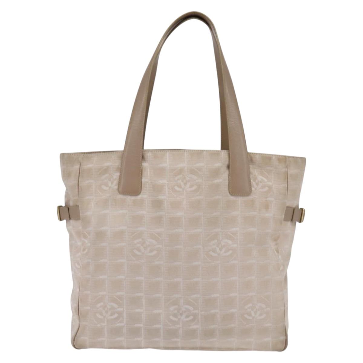 CHANEL New Travel line Tote Bag Nylon Beige Gold CC Auth 143978