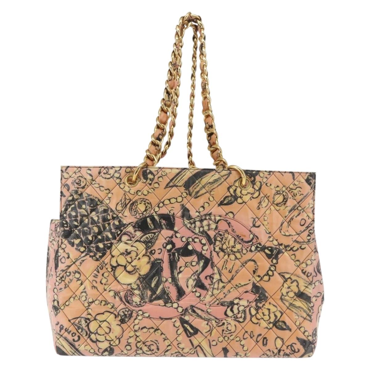 CHANEL Matelasse floral Pattern Chain Bag Coated Canvas Pink Gold CC Auth 143979