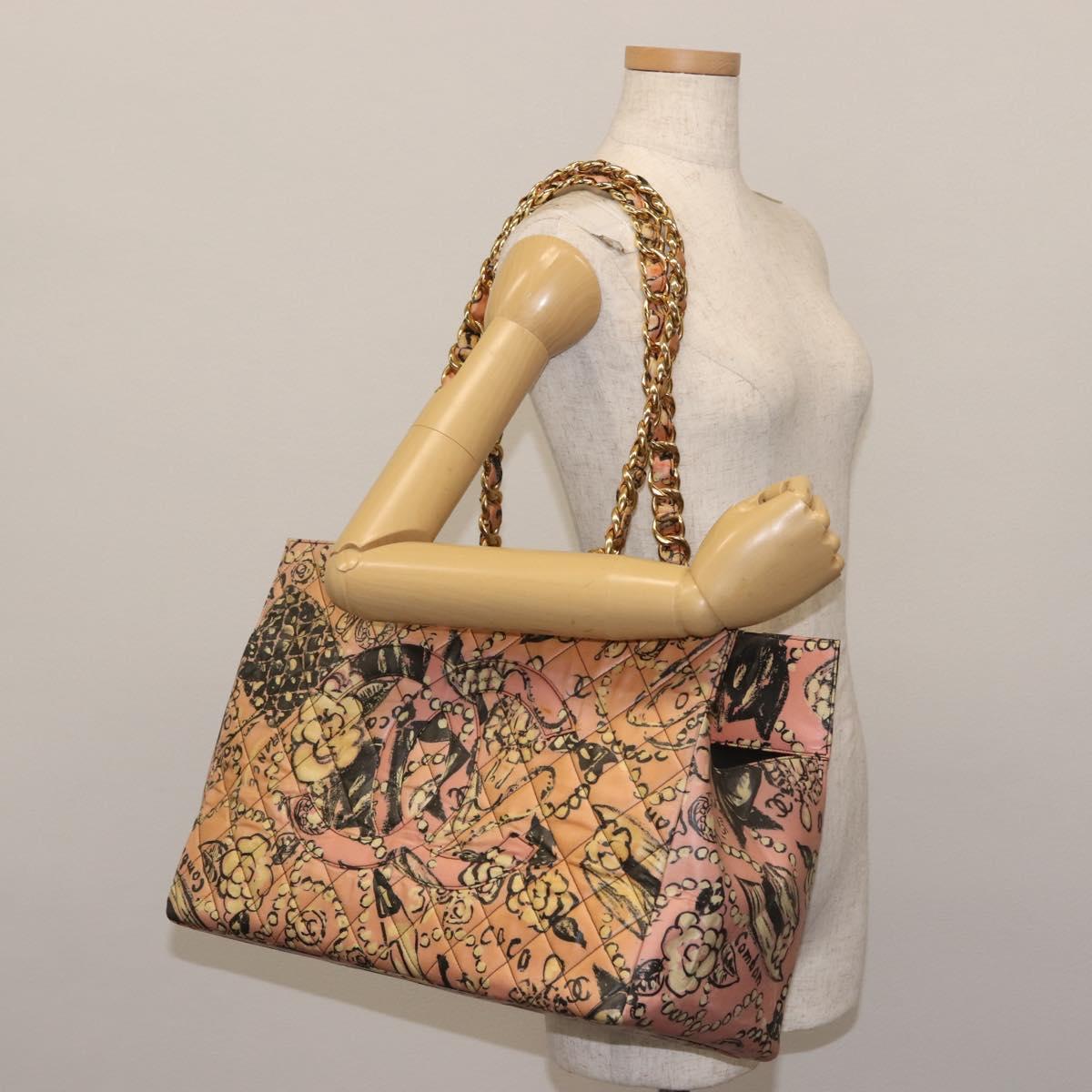 CHANEL Matelasse floral Pattern Chain Bag Coated Canvas Pink Gold CC Auth 143979