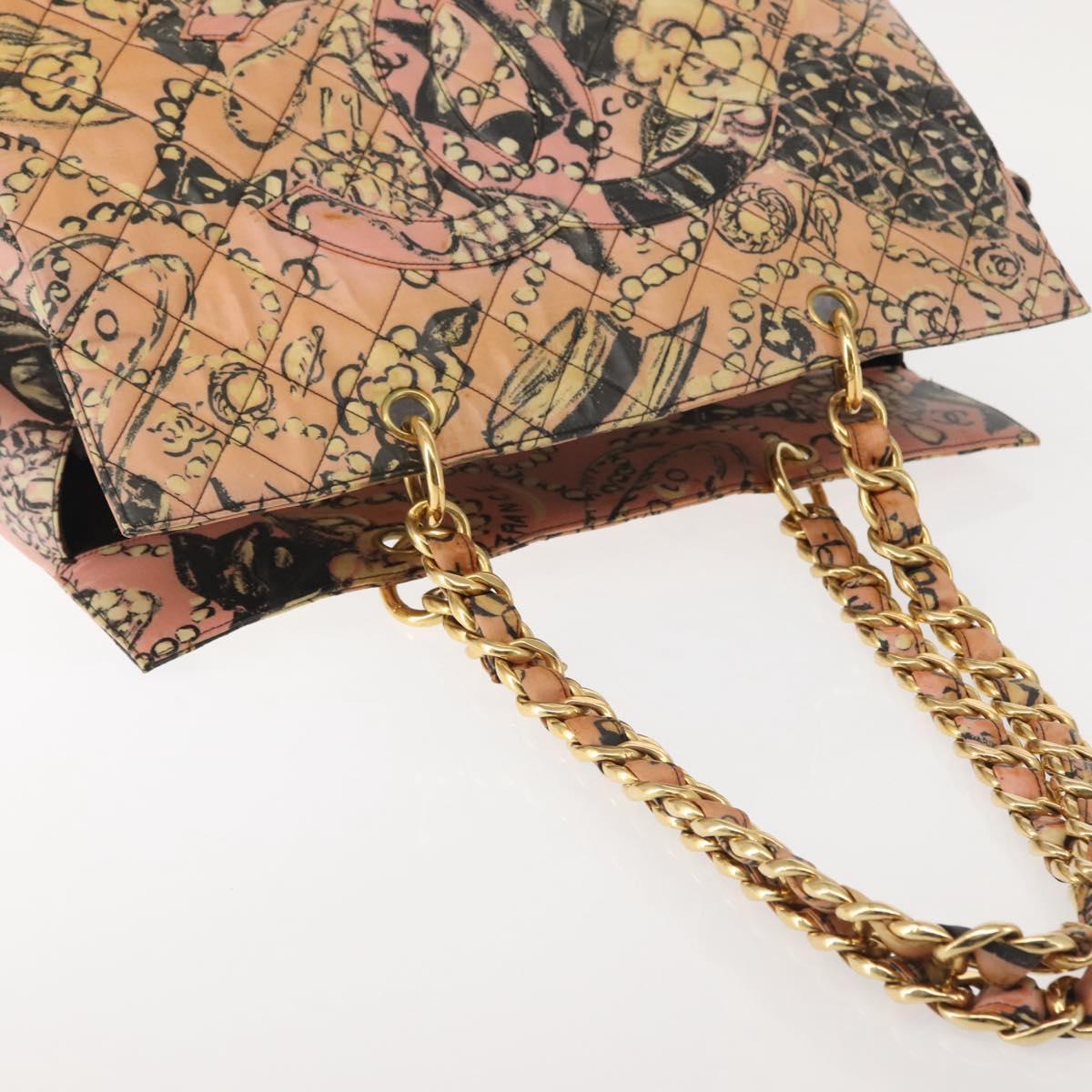 CHANEL Matelasse floral Pattern Chain Bag Coated Canvas Pink Gold CC Auth 143979