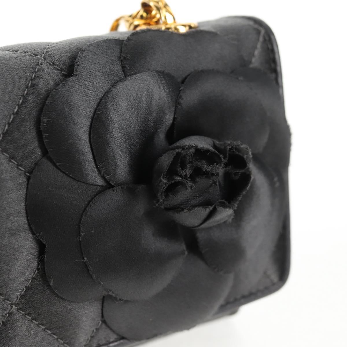 CHANEL Matelasse Camellia Chain Shoulder Bag Satin Gray Gold CC Auth 143981V