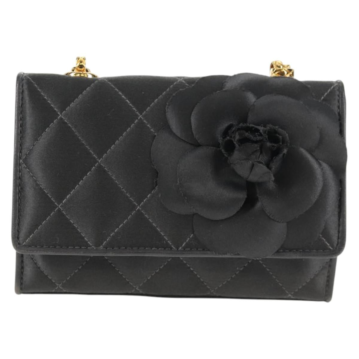 CHANEL Matelasse Camellia Chain Shoulder Bag Satin Gray Gold CC Auth 143981V