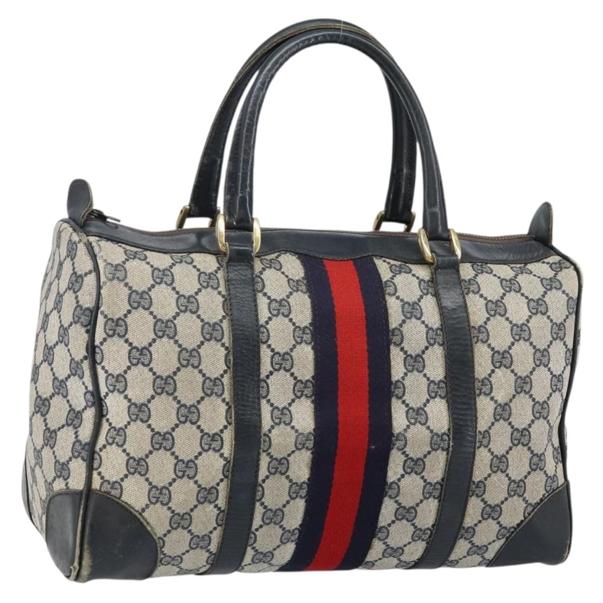 GUCCI GG Supreme Sherry Line Boston Bag PVC Navy Gold Auth 144080