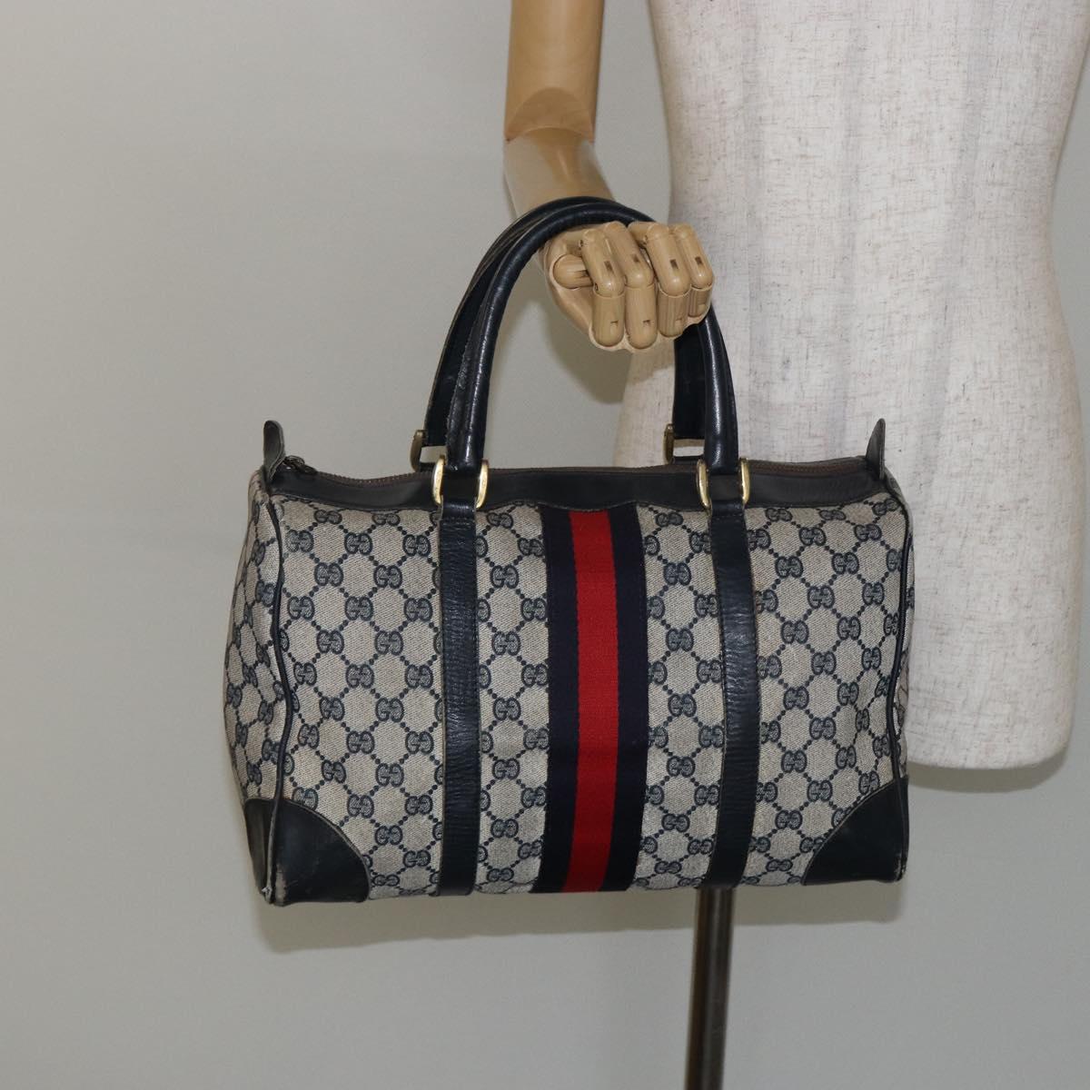 GUCCI GG Supreme Sherry Line Boston Bag PVC Navy Gold Auth 144080