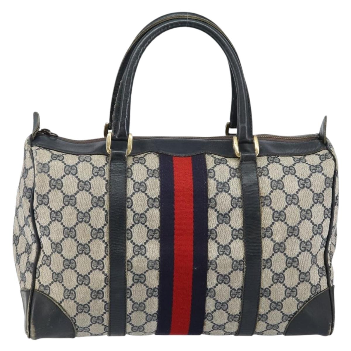 GUCCI GG Supreme Sherry Line Boston Bag PVC Navy Gold Auth 144080