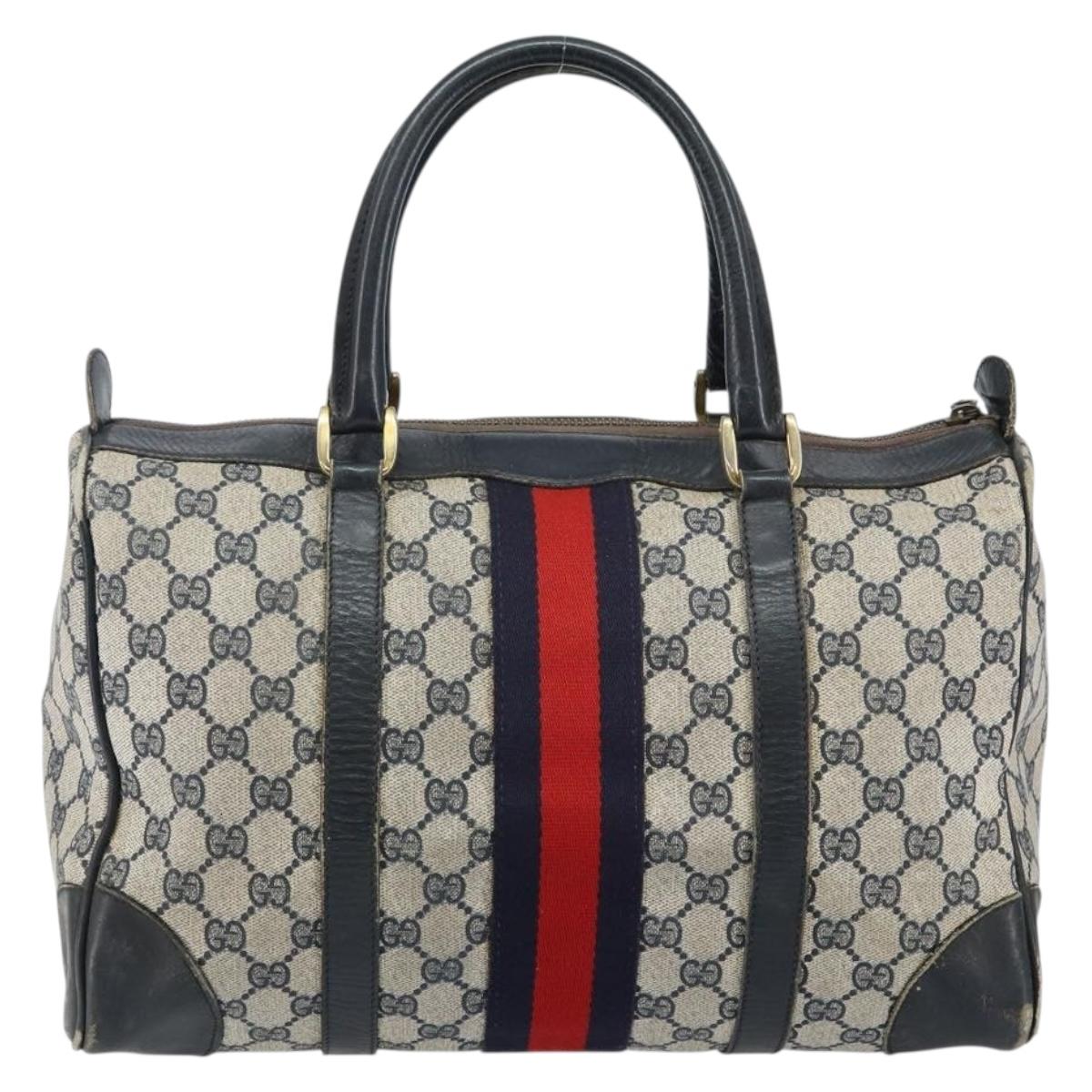 GUCCI GG Supreme Sherry Line Boston Bag PVC Navy Gold Auth 144080