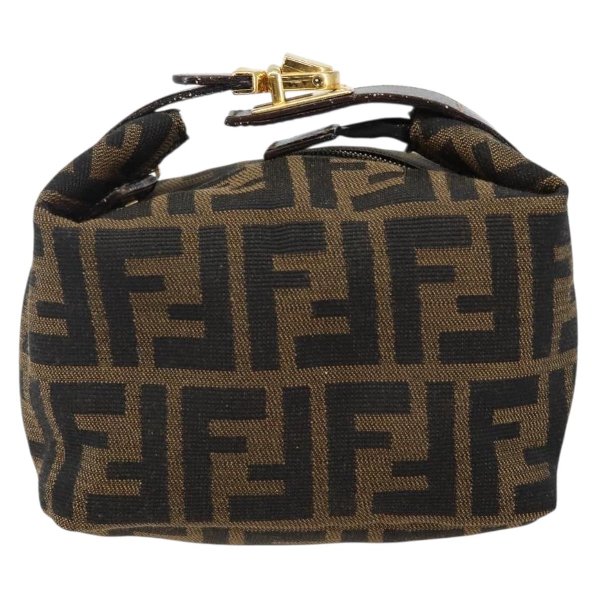 FENDI Zucca Canvas Vanity Pouch Black Brown gold Auth 144083