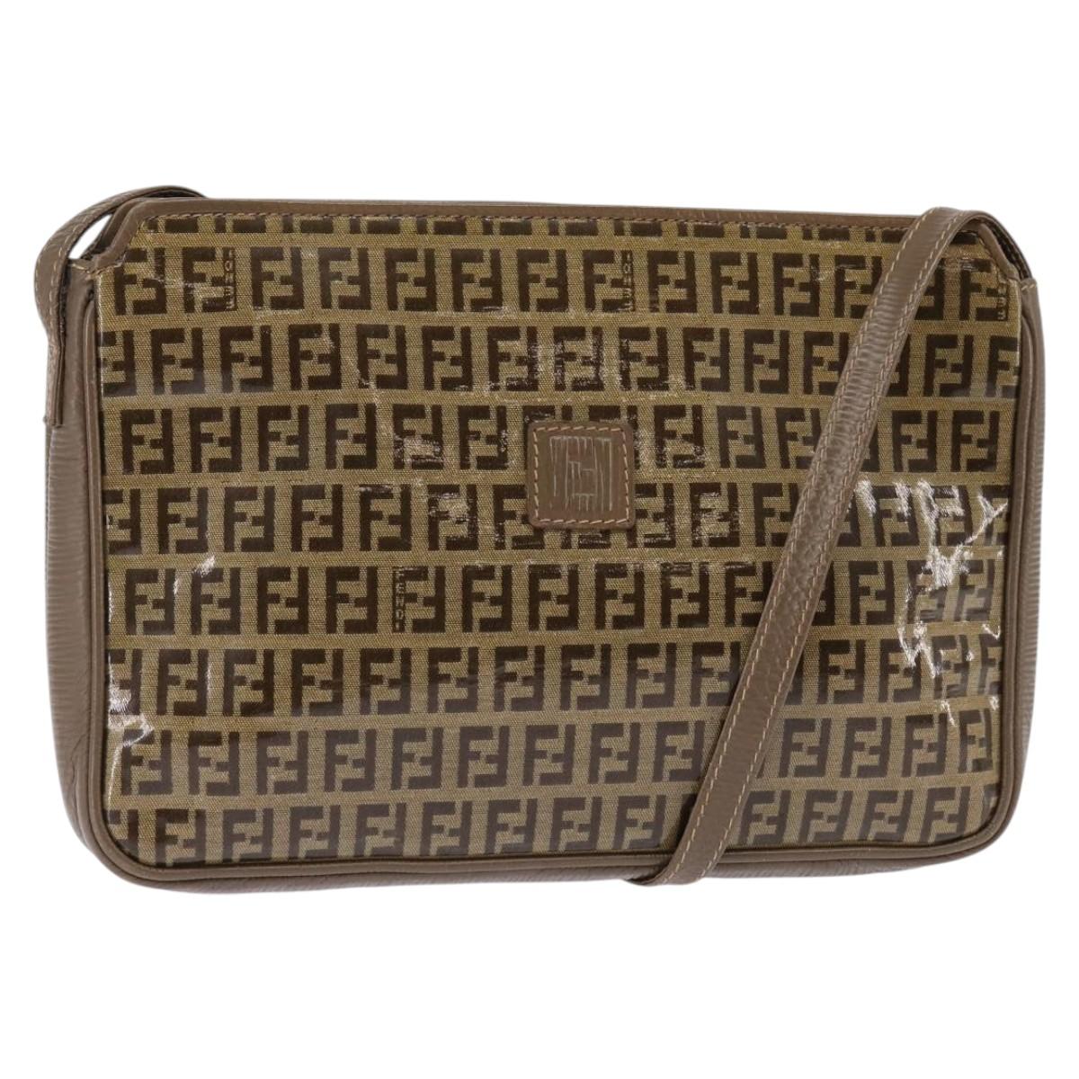 FENDI Zucchino Canvas Shoulder Bag Enamel Beige Auth 144084