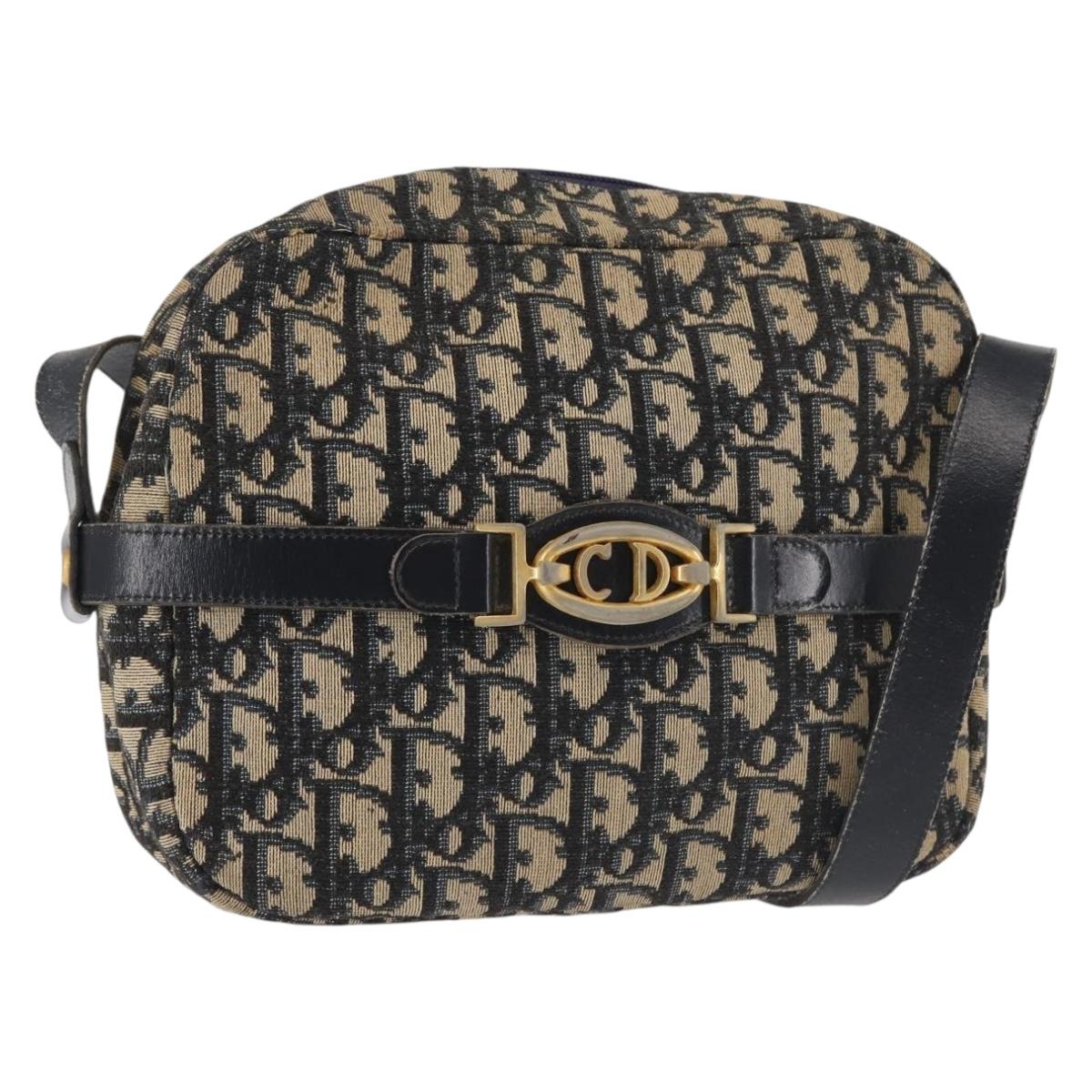 Christian Dior Trotter Canvas Shoulder Bag Navy Gold Auth 144091