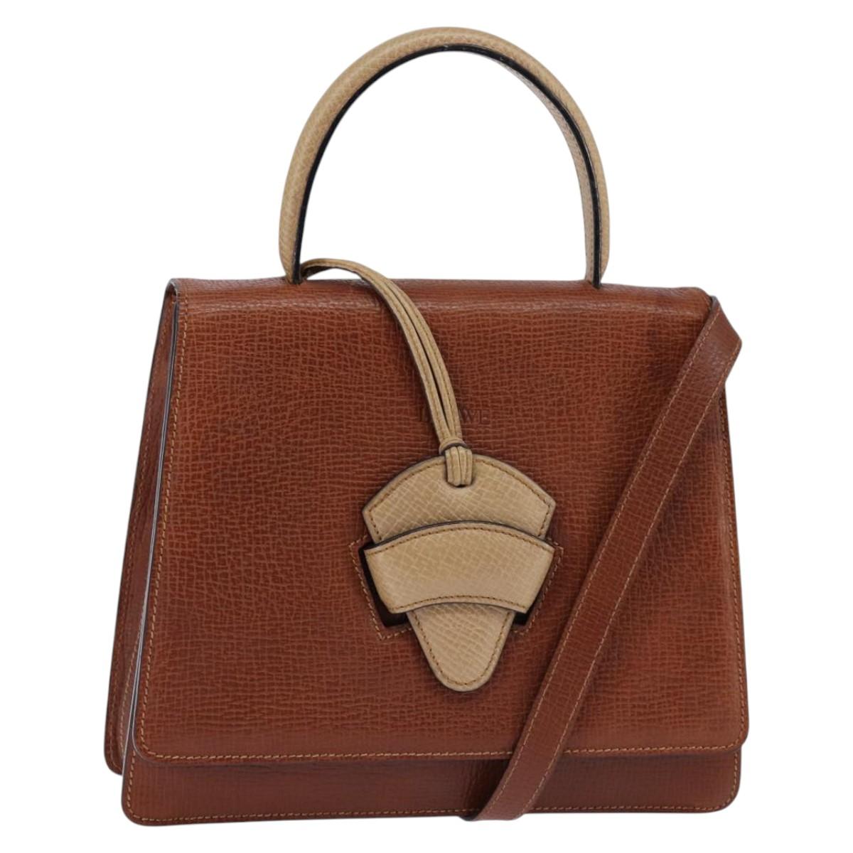 LOEWE Barcelona Hand Bag Leather 2way Brown Gold Auth 144093