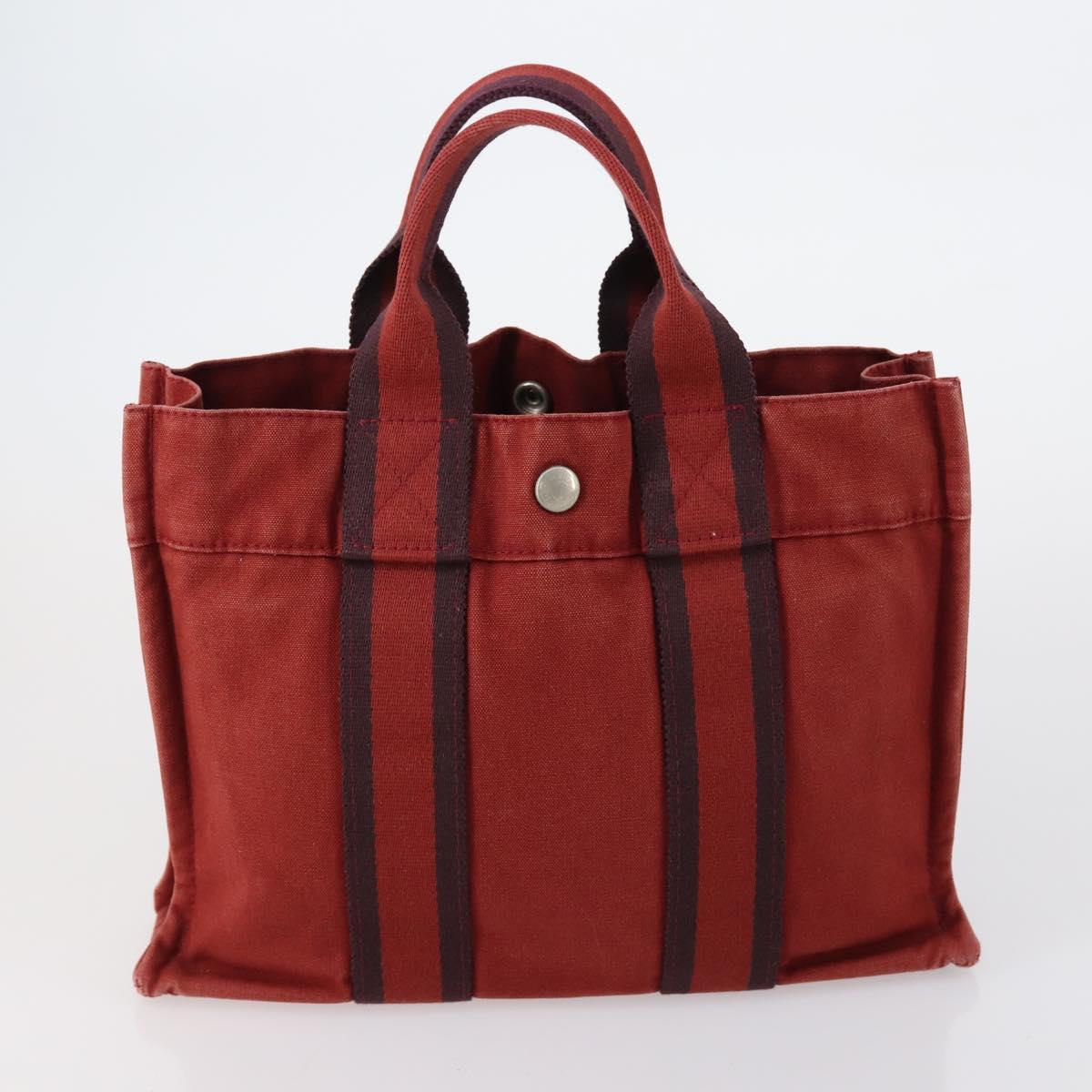 HERMES Fourre Tout PM Hand Bag Canvas 3 Set Gray Red Auth 144094