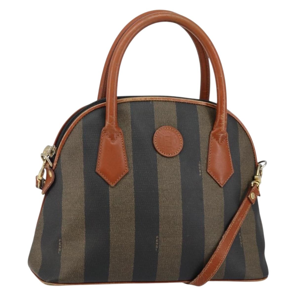 FENDI Pecan Canvas Hand Bag PVC 2way Black Brown Auth 144125