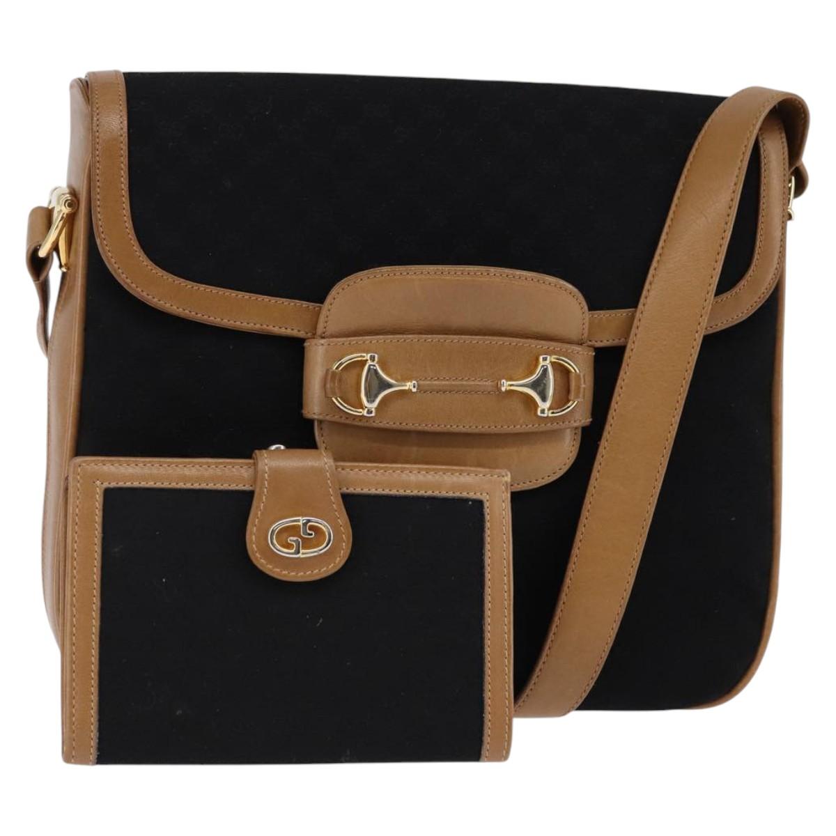 GUCCI Micro GG Canvas Horsebit Shoulder Bag Black Gold Auth 144141