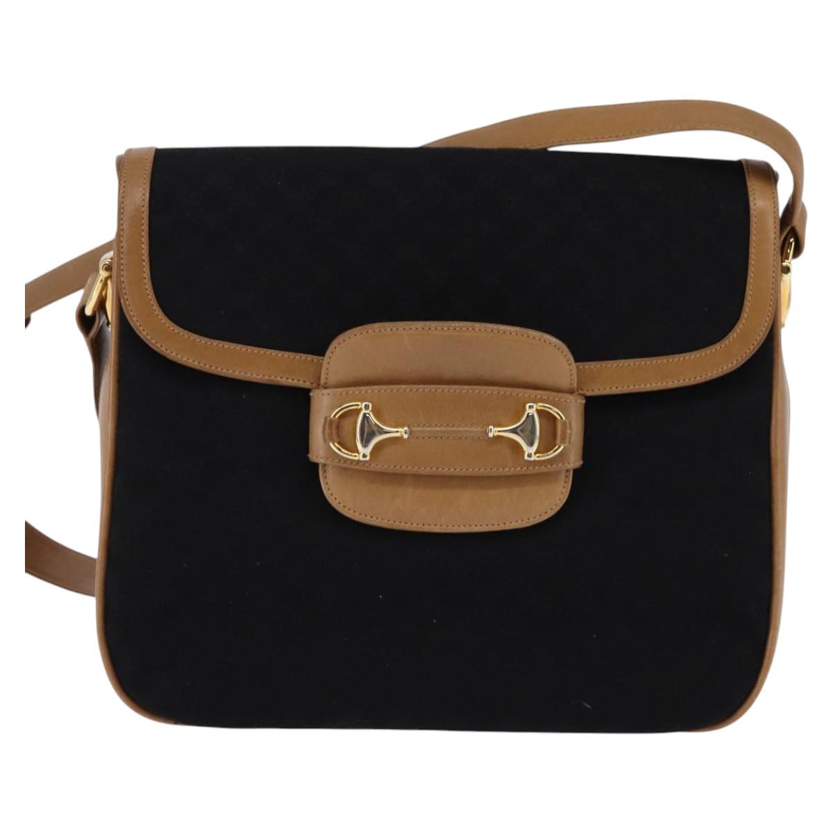 GUCCI Micro GG Canvas Horsebit Shoulder Bag Black Gold Auth 144141