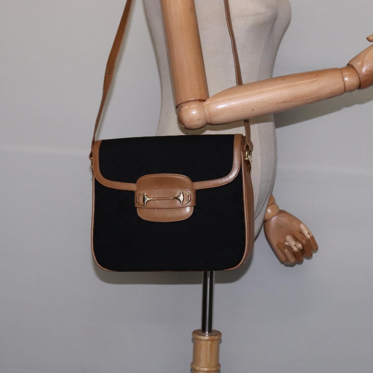 GUCCI Micro GG Canvas Horsebit Shoulder Bag Black Gold Auth 144141