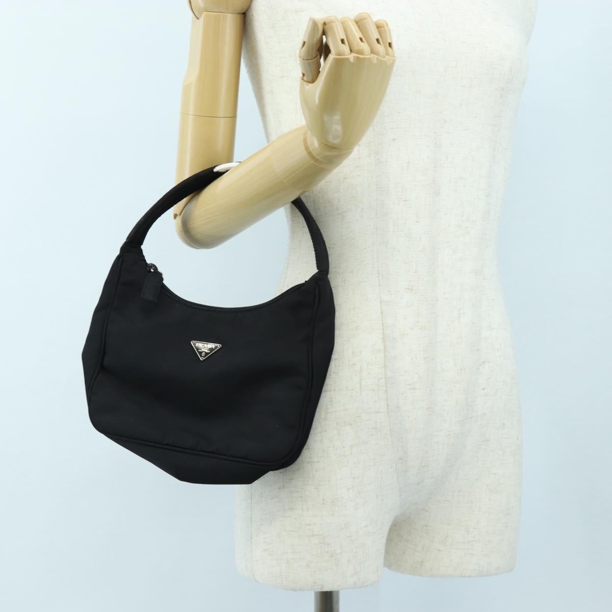 PRADA Hand Bag Nylon Black Silver Auth 144143
