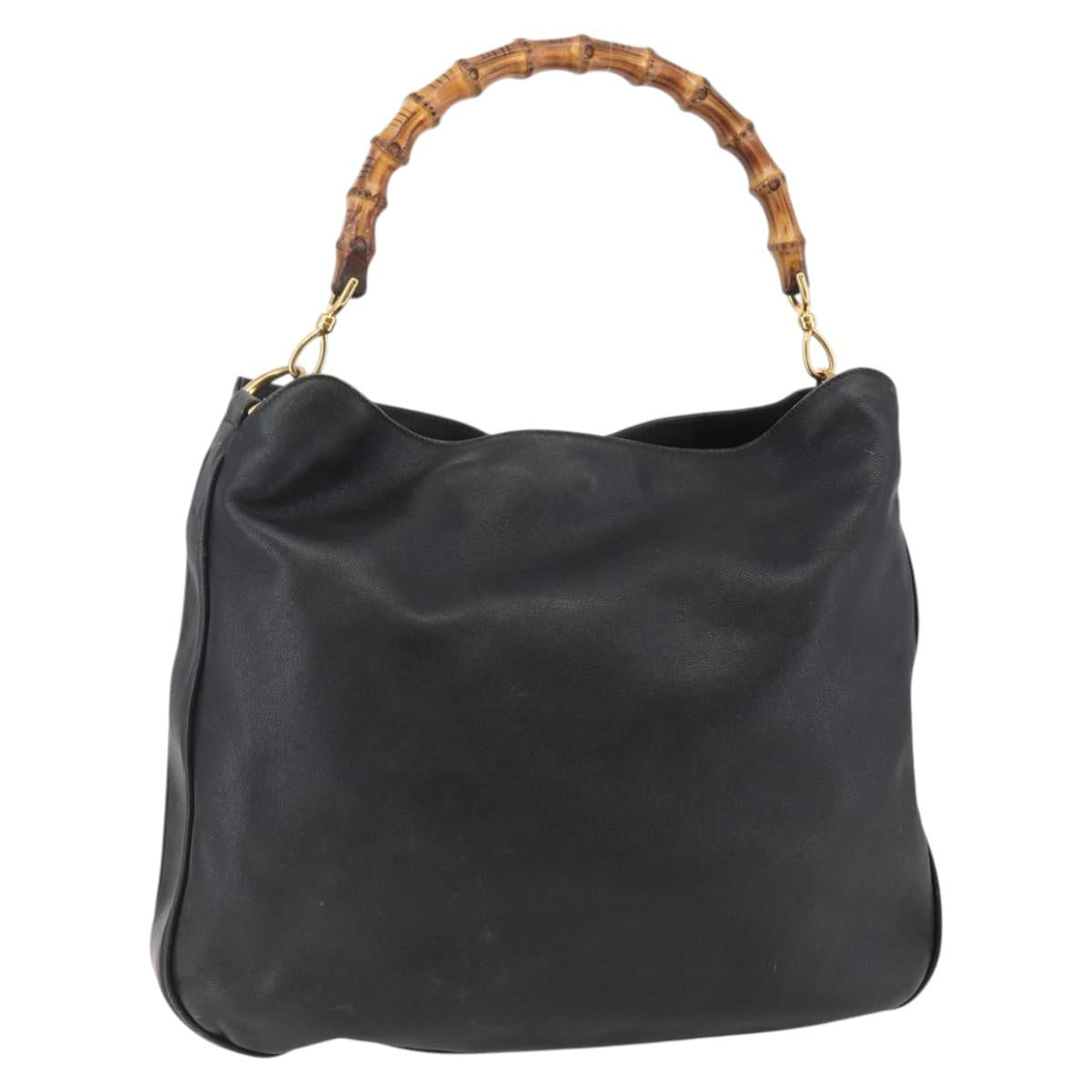 GUCCI Bamboo Shoulder Bag Leather Black Gold Auth 144177