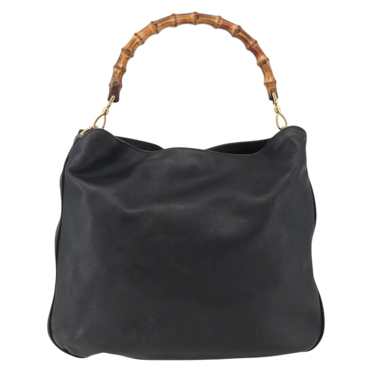 GUCCI Bamboo Shoulder Bag Leather Black Gold Auth 144177