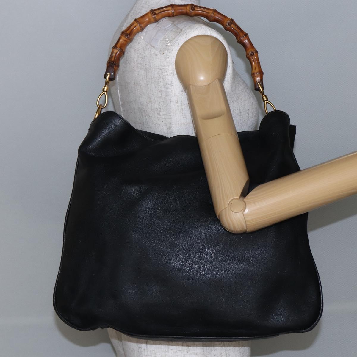 GUCCI Bamboo Shoulder Bag Leather Black Gold Auth 144177
