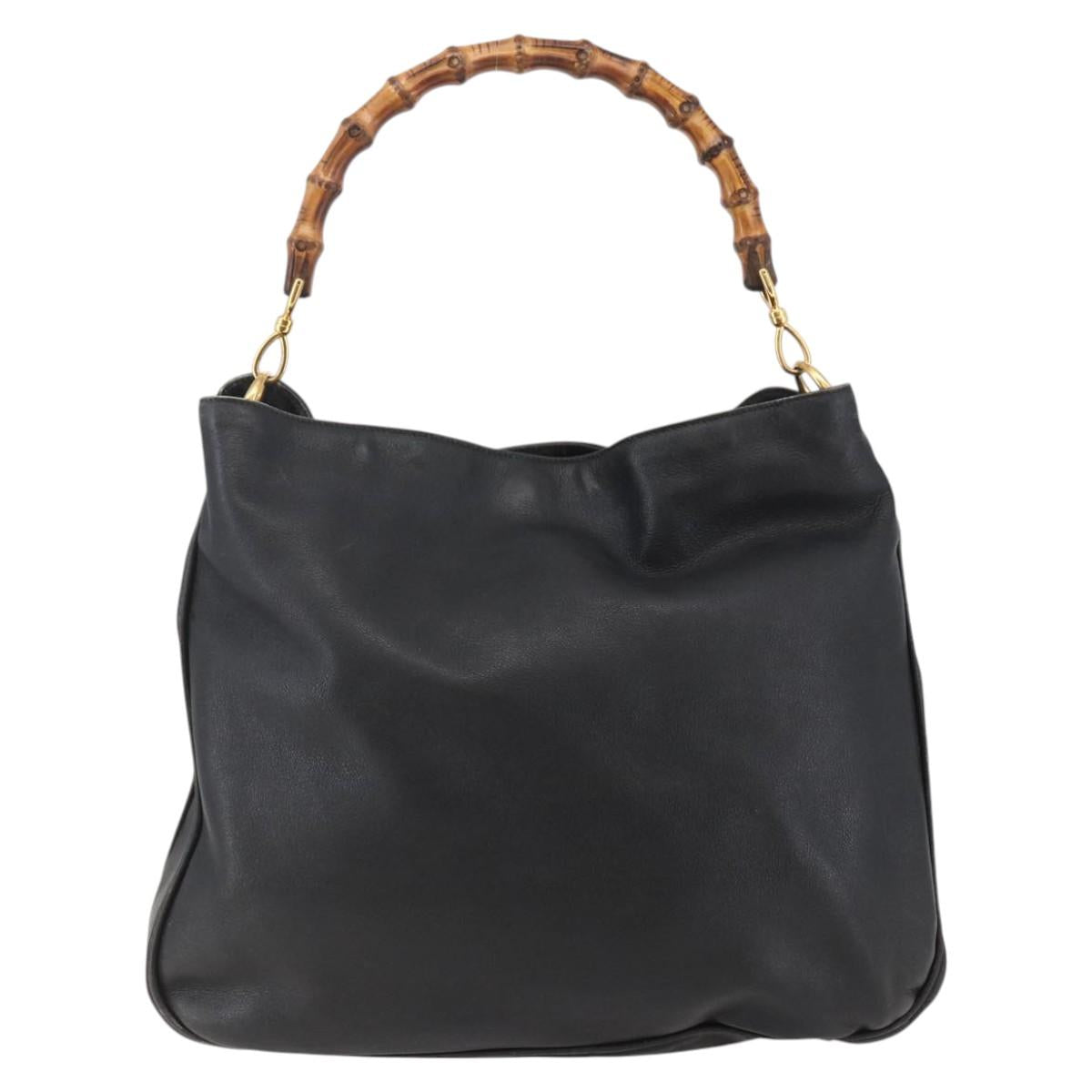 GUCCI Bamboo Shoulder Bag Leather Black Gold Auth 144177