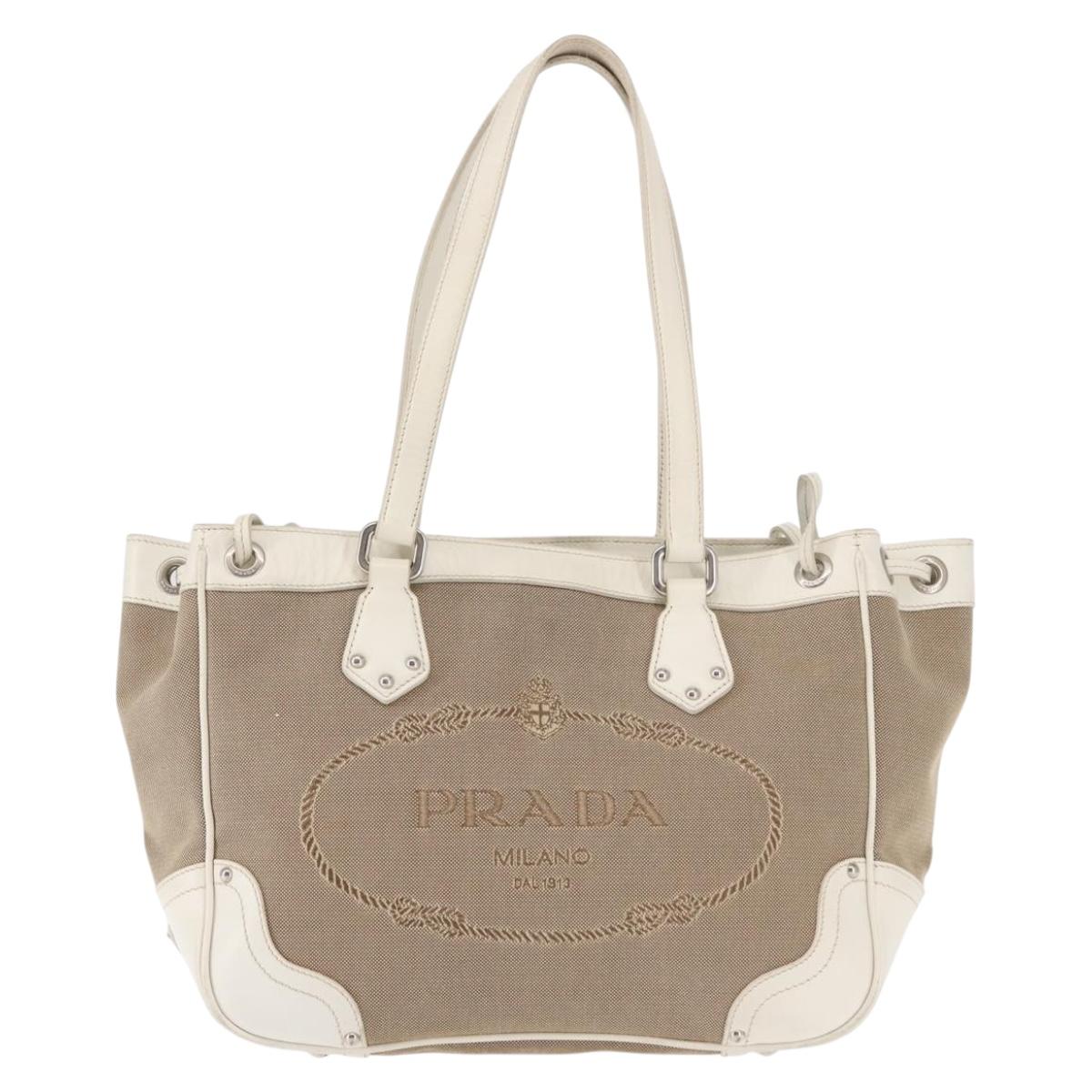 PRADA Tote Bag Canvas Leather Beige Silver Auth 144180