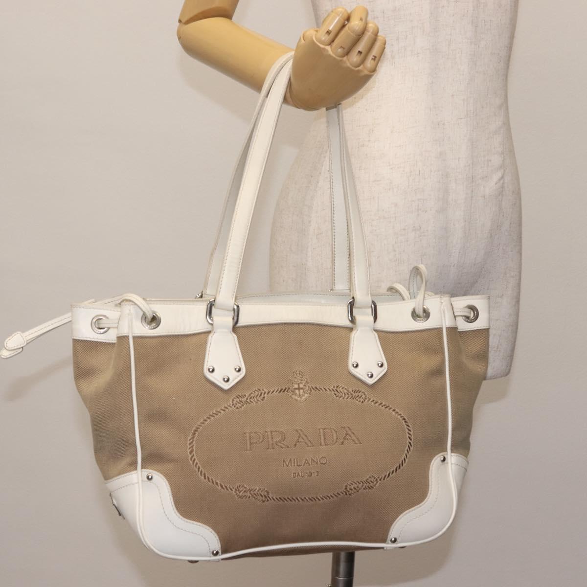 PRADA Tote Bag Canvas Leather Beige Silver Auth 144180