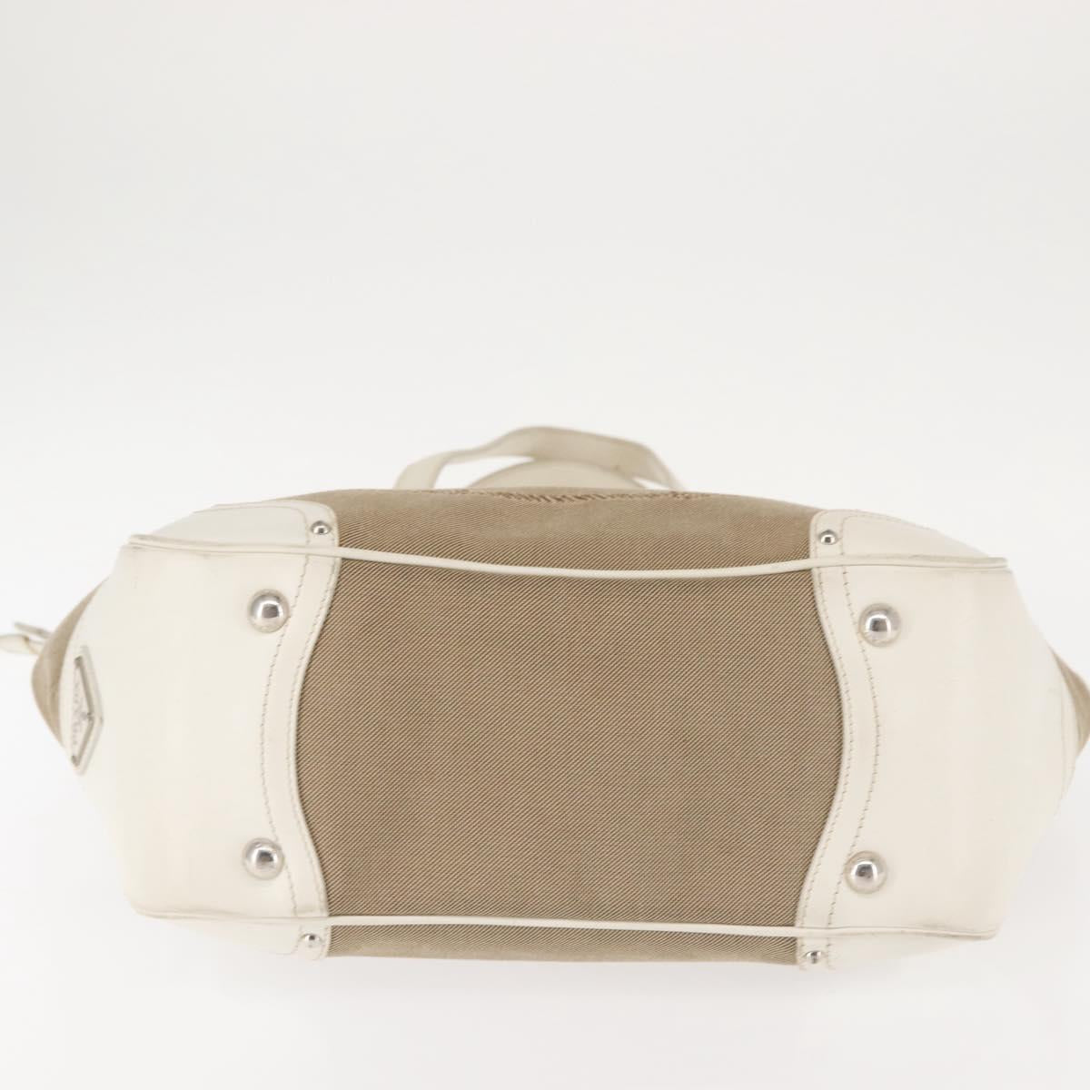 PRADA Tote Bag Canvas Leather Beige Silver Auth 144180