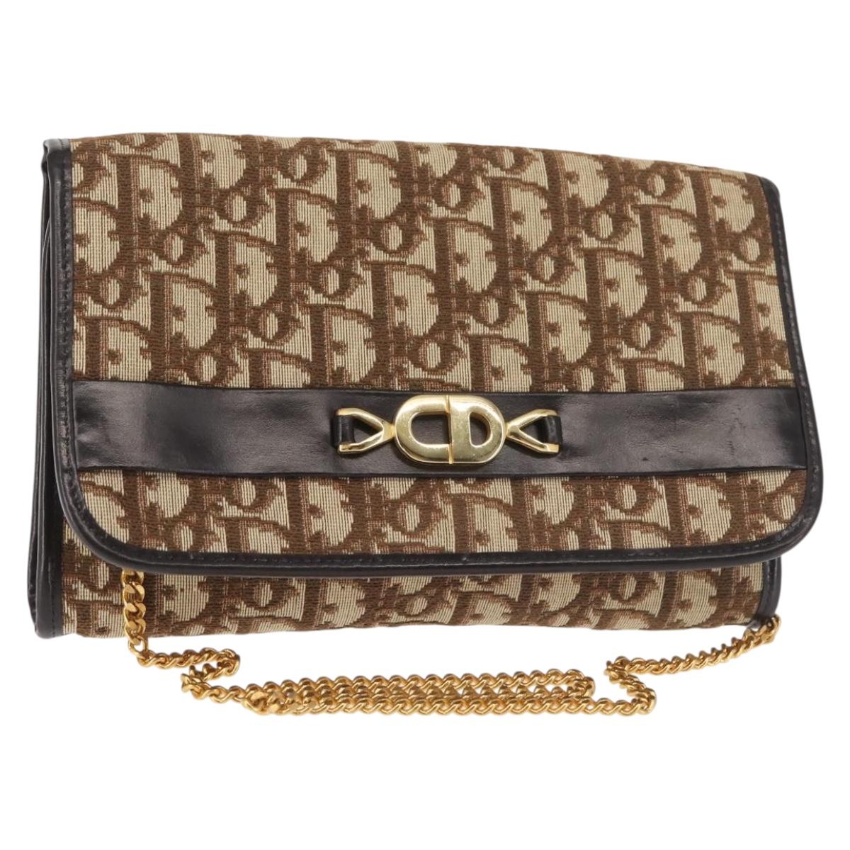 Christian Dior Trotter Canvas Chain Shoulder Bag Brown Gold Auth 144207