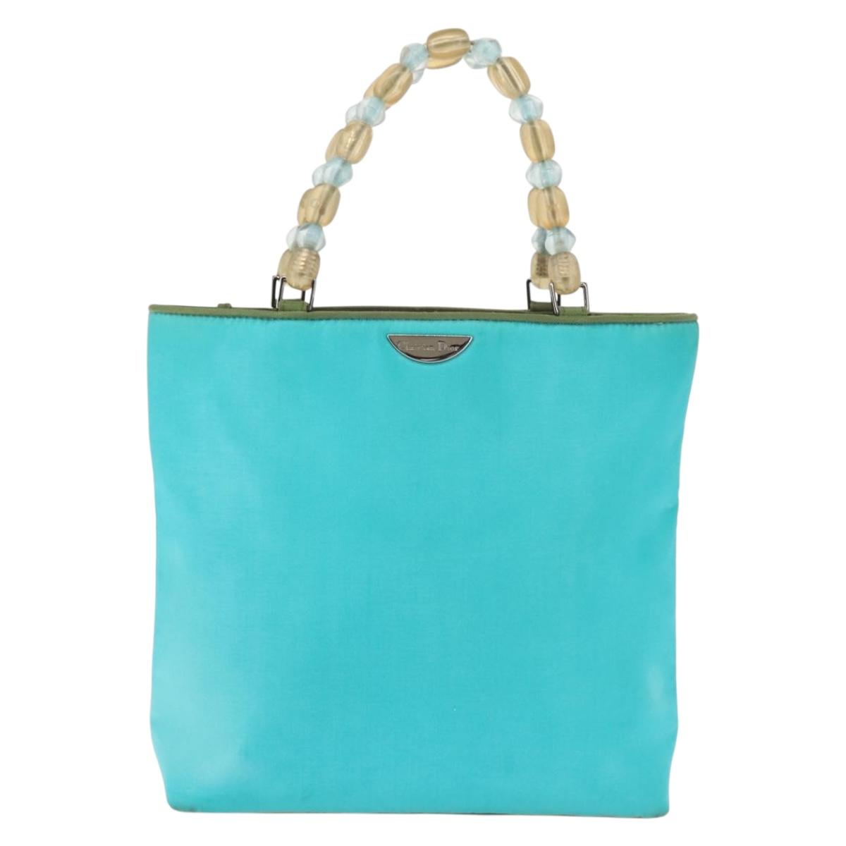 Christian Dior Maris Pearl Hand Bag Nylon Turquoise Blue Silver Auth 144208
