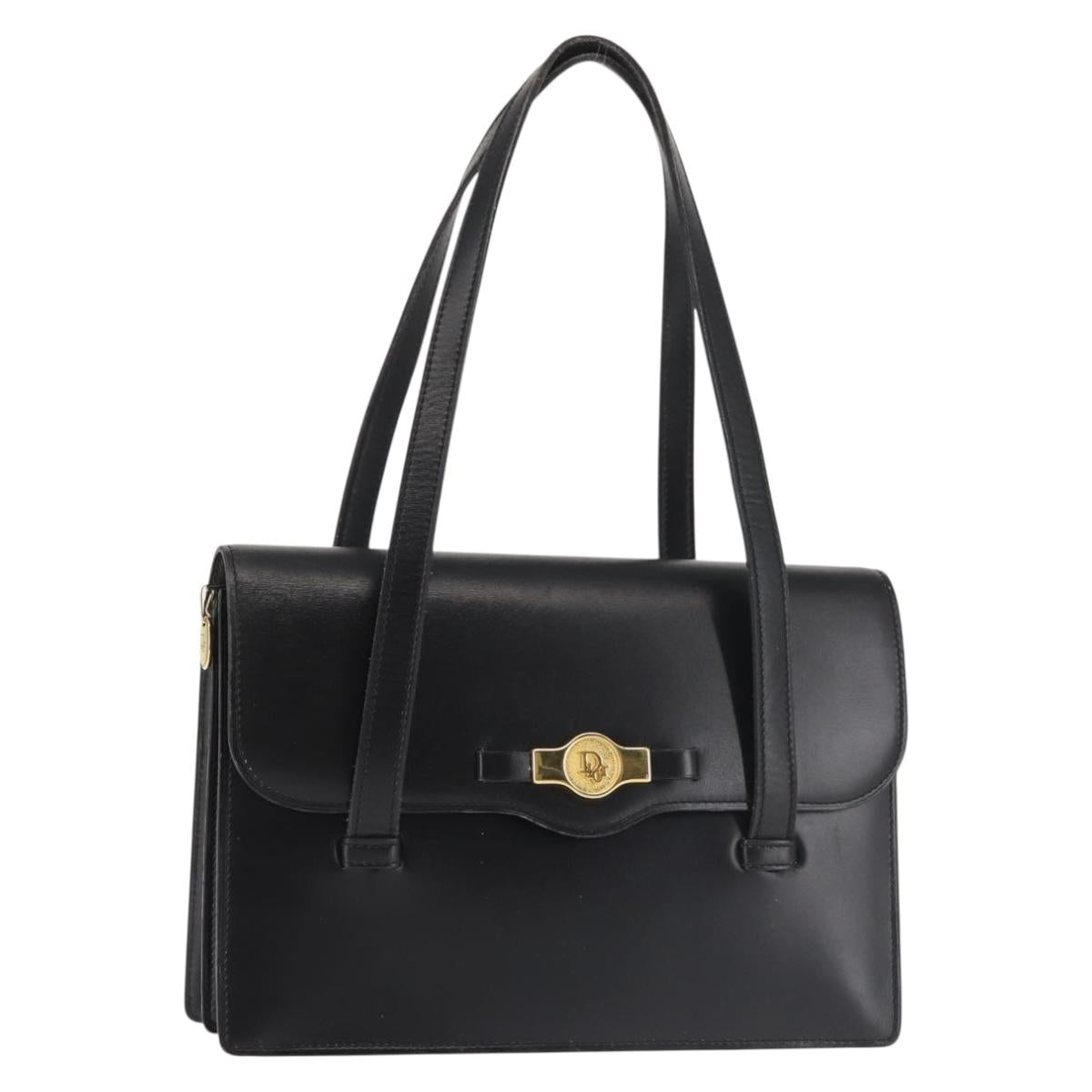 Christian Dior Hand Bag Leather Black Gold Auth 144209