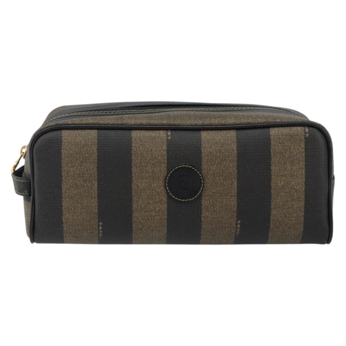 FENDI Pecan Canvas Clutch Bag PVC Black Brown gold Auth 144211