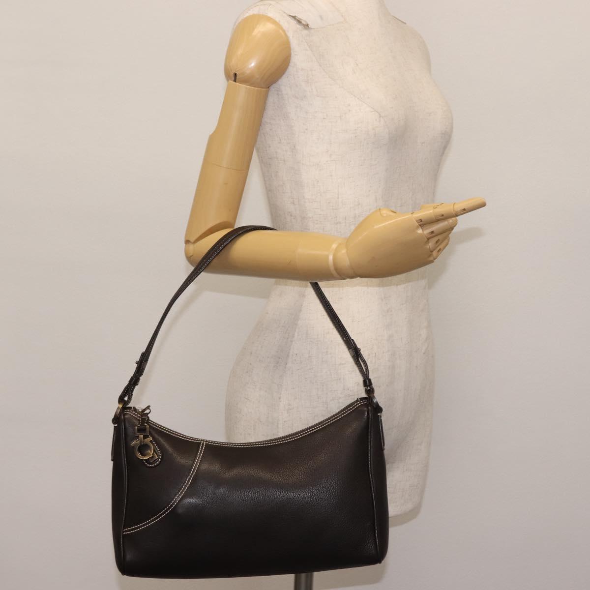Salvatore Ferragamo Gancini Shoulder Bag Leather Dark Brown Auth 144214
