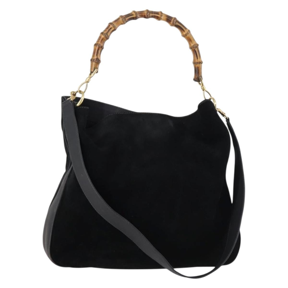 GUCCI Bamboo Shoulder Bag Suede 2way Black Gold 001 1577 Auth 144229