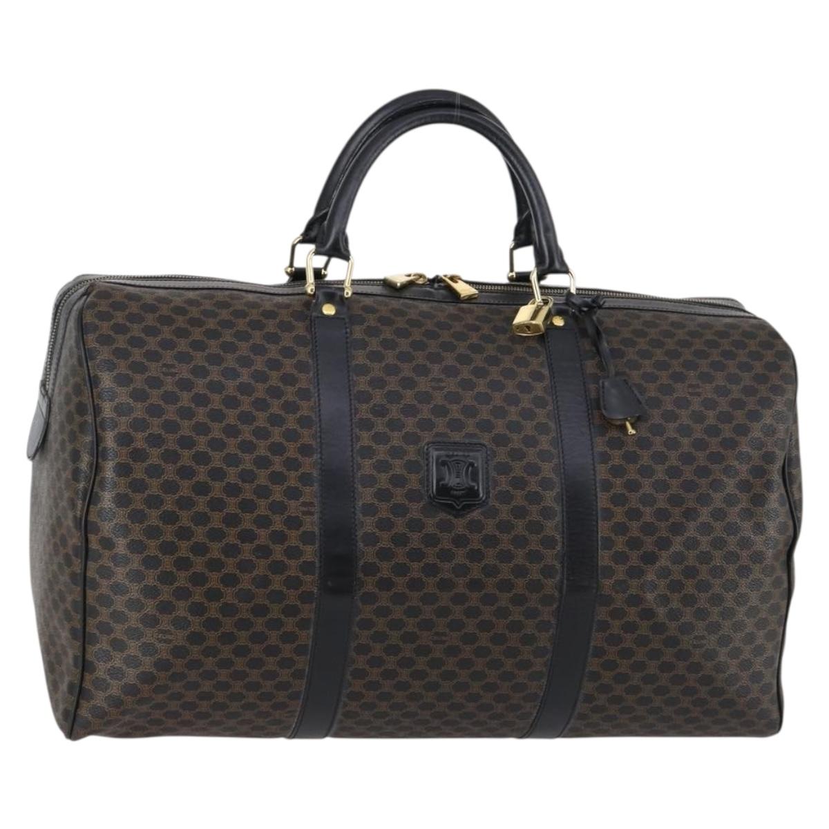 CELINE Macadam Canvas Boston Bag PVC Leather Black Gold Auth 144252