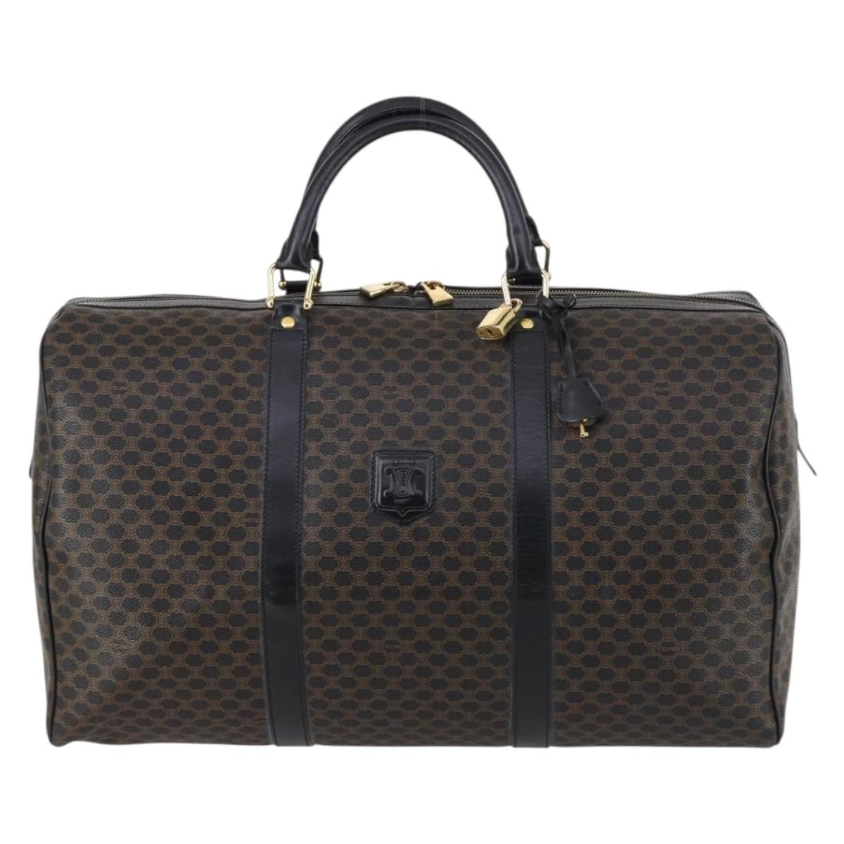 CELINE Macadam Canvas Boston Bag PVC Leather Black Gold Auth 144252