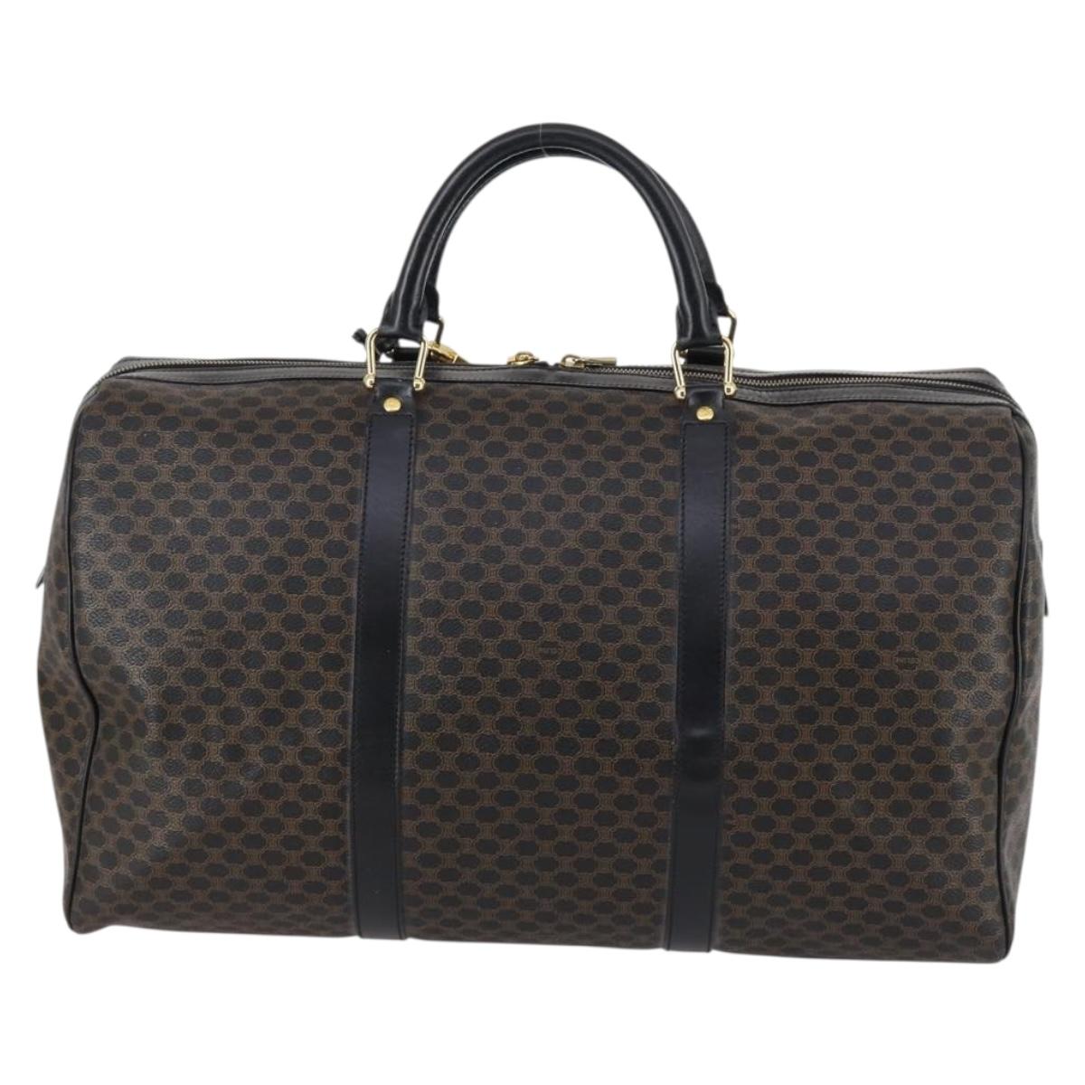 CELINE Macadam Canvas Boston Bag PVC Leather Black Gold Auth 144252