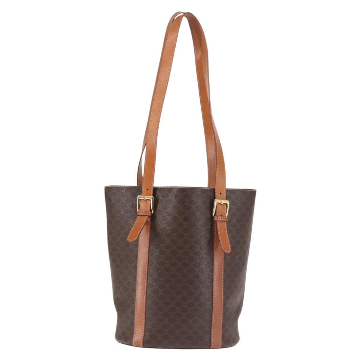 CELINE Macadam Canvas Tote Bag PVC Leather Brown Gold Auth 144276