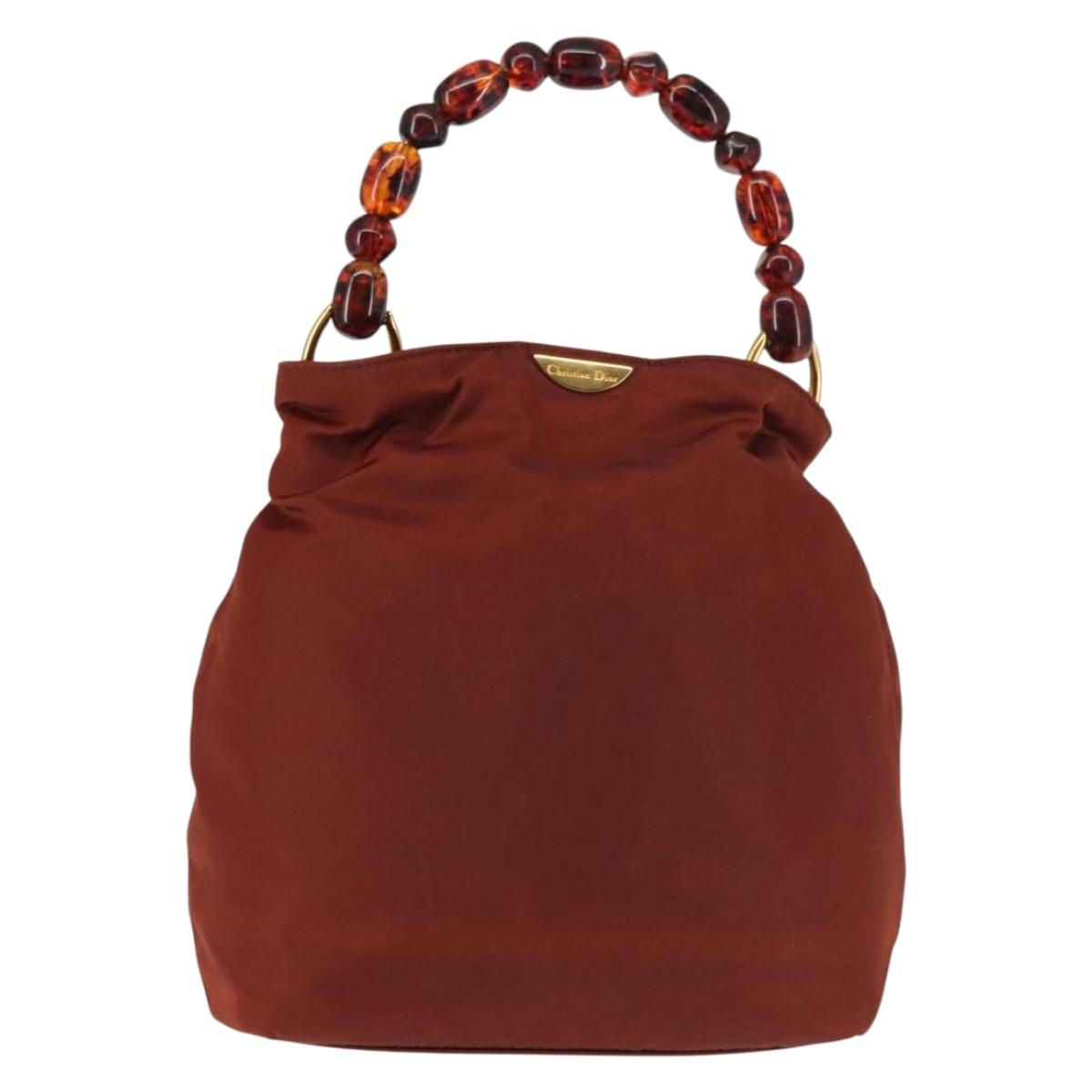 Christian Dior Maris Pearl Hand Bag Nylon Brown Gold Auth 144334