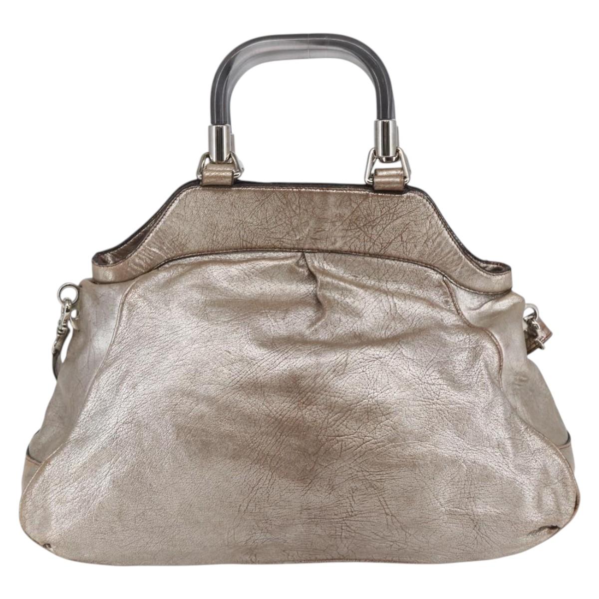 CELINE Hand Bag Leather 2way Silver Auth 144335