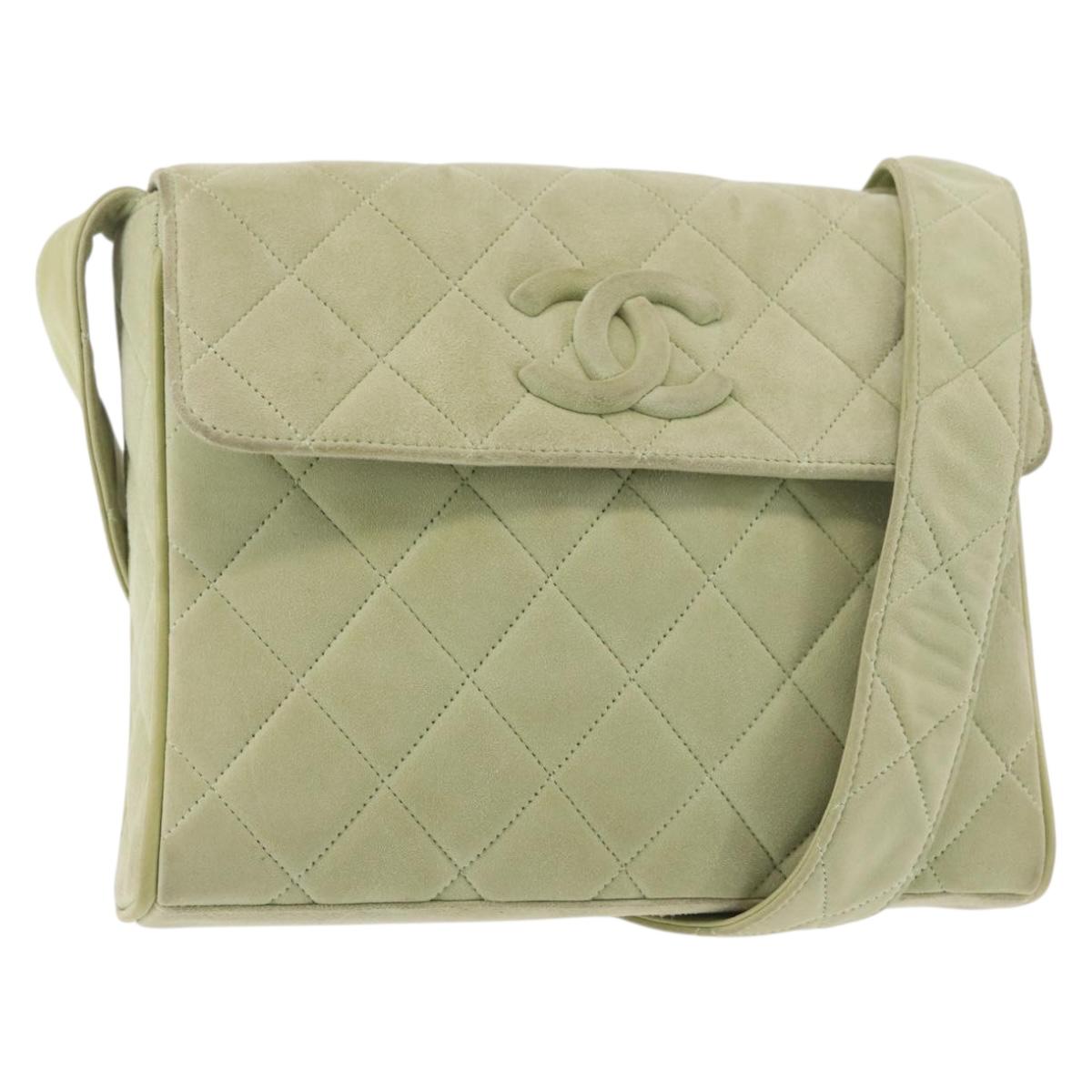 CHANEL Matelasse Shoulder Bag Suede Green Gold CC Auth 144342