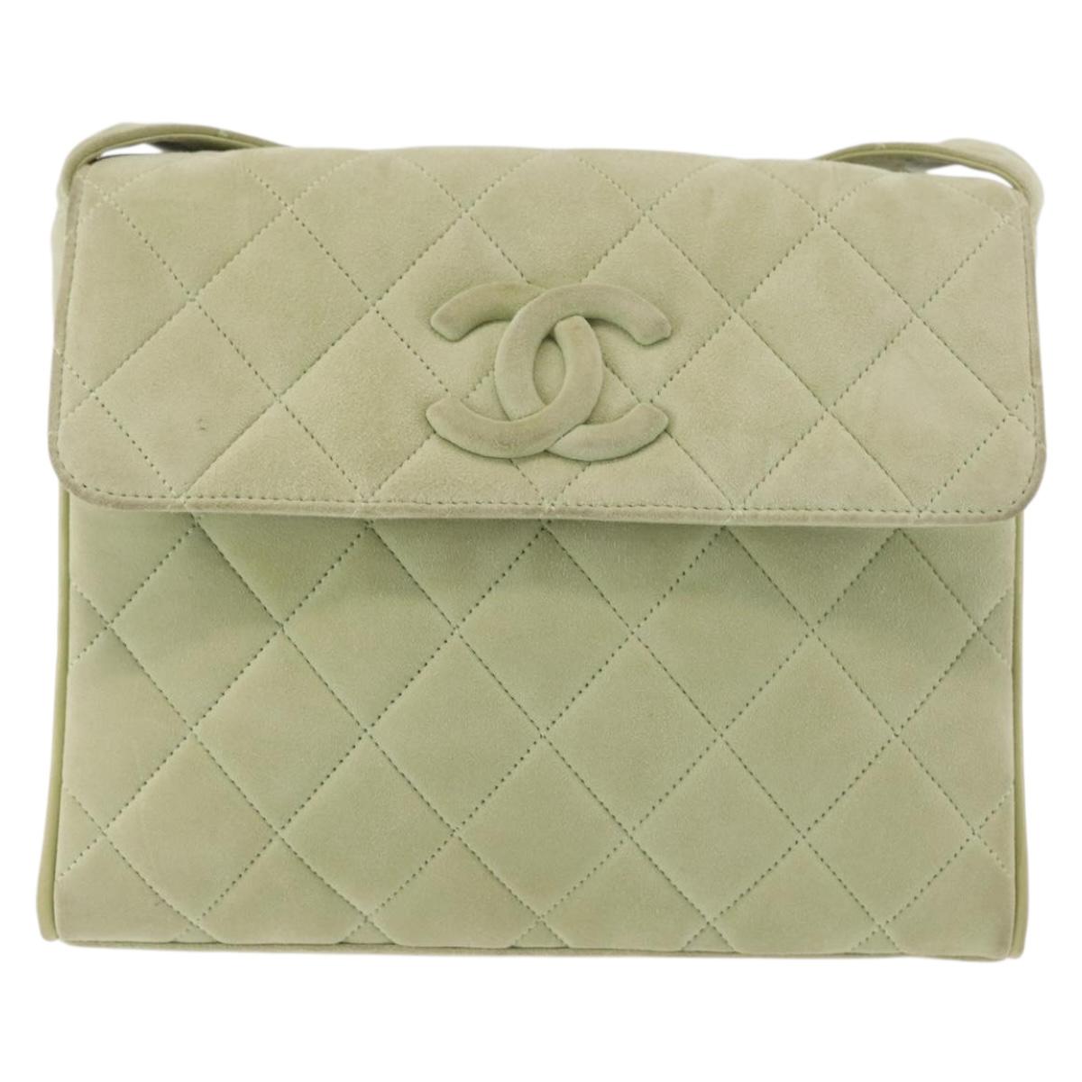 CHANEL Matelasse Shoulder Bag Suede Green Gold CC Auth 144342