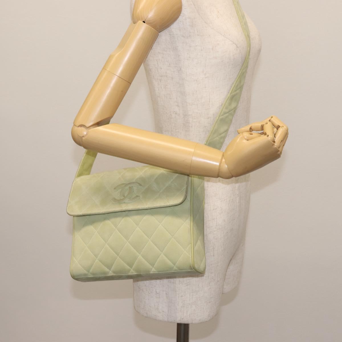 CHANEL Matelasse Shoulder Bag Suede Green Gold CC Auth 144342A